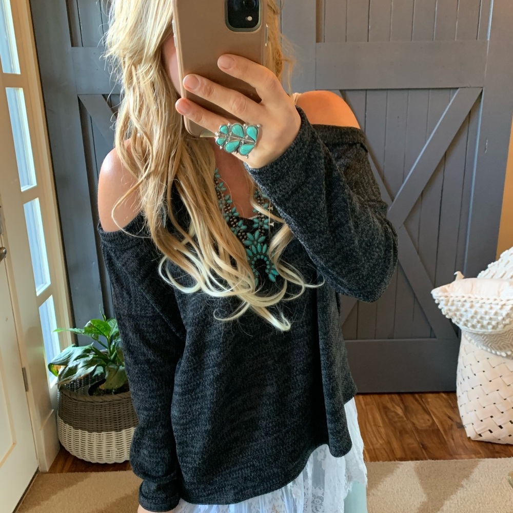 New Grey Cold Shoulder Knit Top Sweater - Picture 1 of 6
